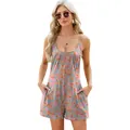 Casual spaghetti strap summer romper with vintage floral print and side pockets - Grey Red Floral