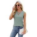Sleeveless sage green V-neck tank top with delicate jacquard eyelet pattern detail - Bean Green