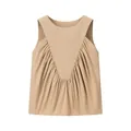 Detail view of a khaki sleeveless pleated blouse featuring a minimalist summer style - Camel