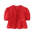 Red women's puff sleeve shirt featuring a triple front tie closure and elegant peplum hem - Red