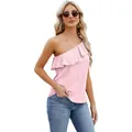 Elegante top rosa de un solo hombro con volantes para mujer, ideal para el verano chic. - S / Tops / Azul cielo