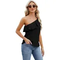 Canotta monospalla da donna con volant nera camicetta estiva elegante a tinta unita - Taglia S / Top / Nero