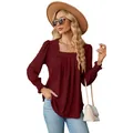 Elegante top de manga larga en jacquard granate con cuello cuadrado plisado para mujer - S / Tops / Burdeos