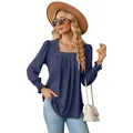 Elegant navy blue square neck jacquard blouse featuring pleated front and smocked sleeve cuffs - S / Tops / Navy Blue