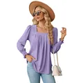 Elegant purple jacquard long sleeve blouse with square neck and pleated details - S / Tops / Purple