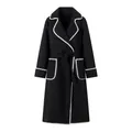 Front view of black wool coat featuring elegant white contrast stitching and waist tie. - S / Tops / Black