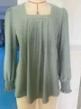 Elegant sage green square neck top with textured jacquard and pleated front design - S / Tops / Bean Green