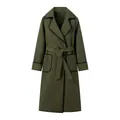 Detailed front view of green woolen coat with black scalloped trim and belt - S / Tops / Army Green