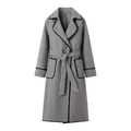 Detail of gray women's wool coat with lapel and elegant black scalloped trim accent - S / Tops / Gray