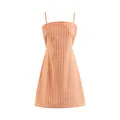 Close-up view of an orange gingham check sleeveless A-line dress with thin straps. - S / Top And Bottom / Orange