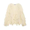 Gedetailleerde weergave van een crème ruches blouse met trapsgewijze volants en een V-hals - XS / Tops / Abrikoos