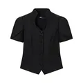 Elegant black short-sleeved slim fit top with stand-up collar and front button detail - S / Tops / Black