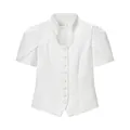 Elegant white puff sleeve button-up top with stand collar and delicate lace detail insert - S / Tops / White