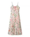 Front view of French vintage floral print summer dress with elegant pink piping details - S / Top And Bottom / Printed Pink