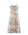 Full front view of elegant French vintage floral midi dress with green piping details - S / Top And Bottom / Green Floral