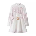Élégante robe blanche à manches longues avec imprimé floral rose et ceinture - S / Imprimé Fleuri Rose Violet