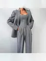 Elegant 3-piece gray herringbone suit with corset top, blazer, and trousers. - S / Top And Bottom / Gray