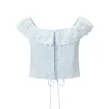 Top corto azul claro de estilo francés con bordado floral y volantes de encaje finos - S / Tops / Azul claro