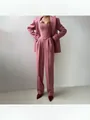 Elegant pink 3-piece suit set including a boned corset top, blazer, and wide-leg trousers - S / Top And Bottom / Pink