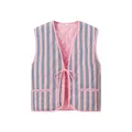 Detailed view of a V-neck quilted vest with pink and blue stripes and front tie strings. - S / Tops / Pink Stripe