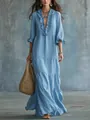 Detailansicht eines böhmischen hellblauen Maxikleides mit V-Ausschnitt und Rüschen - S / Unterteile / Himmelblau