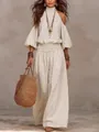 Boho κρεμ λινό σετ με έξωμο halter τοπ και φαρδιά παντελόνα με σφηκοφωλιά στη μέση - S / Τοπ Και Παντελόνι / Βερικοκί