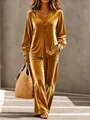 Gold velvet two-piece lounge set with button-up V-neck top and matching wide-leg trousers - S / Top And Bottom / Gold