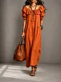 Vestido largo naranja elegante con volantes y hombros caídos para playa - Rojo Anaranjado