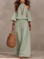Bohemian sage green linen two-piece set with off-the-shoulder top and wide-leg pants - S / Top And Bottom / Cyan