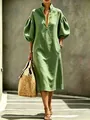 Elegant green puff sleeve midi dress with stylish front zipper and loose casual fit - S / Top And Bottom / Army Green