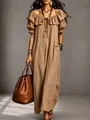 Vestido maxi boho marrón con volantes, ideal para un look casual de vacaciones. - S / Top Y Pantalón / Caramelo