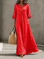 Elegant red V-neck maxi dress with ruffled sleeves and side pockets worn by a model - Red