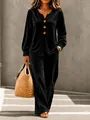 Black velvet two-piece lounge set with V-neck button top and wide-leg pants - S / Top And Bottom / Black