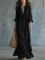 Elegantes schwarzes Boho-Maxikleid mit V-Ausschnitt, Stufen und Rüschendetails - S / Unterteile / Schwarz