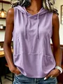 Close-up of sleeveless lavender hoodie tank top with front kangaroo pocket detail - S / Tops / Purple