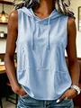Detail view of a casual light blue sleeveless hoodie for women with big pockets - S / Tops / Sky Blue