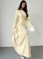 Elegant pale yellow French boat neck long sleeve maxi dress with cinched waist A-line skirt - S / Dresses / Apricot