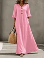Detail of pink V-neck maxi dress featuring ruffled sleeves and wooden buttons - Pink