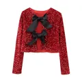 Elegante chaqueta corta de lentejuelas rojas con dos lazos decorativos de raso negro fiesta. - XS / Tops / Rojo