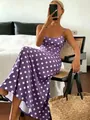 Elegant purple polka dot bodycon maxi dress for women shown in a stylish and chic lifestyle setting - S / Purple