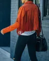 Detailed back view of women's burnt orange suede jacket with long boho fringes. - S / Tops / Rust Red Thickened
