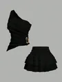 Elegant black two-piece set featuring one-shoulder ruffle top and tiered mini skirt. - S / Top And Bottom / Black