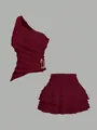 Burgundy two-piece ruffled set with one-shoulder top and tiered mini skirt detail - S / Top And Bottom / Red
