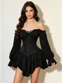 Dettaglio dell'abito a corsetto nero con ricami jacquard e orlo a balze eleganti - XXS / Nero