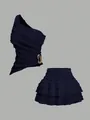 Stylish navy blue one-shoulder ruffled tank top and tiered mini skirt set for women - S / Top And Bottom / Blue