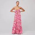 Abito lungo floreale a balze con spalline sottili e dettaglio a fiocco sul petto stile boho. - Taglia S / Sopra e Sotto / Rosa