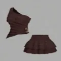 Detail of a brown two-piece set featuring one-shoulder top and ruffled mini skirt - S / Top And Bottom / Brown