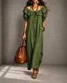 Elegante vestido largo verde oliva con cuello de volantes y ajuste holgado para el mar - S / Top Y Pantalón / Verde Militar