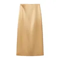 Detail view of an elegant champagne gold satin midi skirt with a luxurious silky finish. - S / Bottoms / Gold