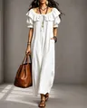 Elegante vestido largo blanco con hombros descubiertos y volantes para un look bohemio chic - S / Top Y Pantalón / Blanco